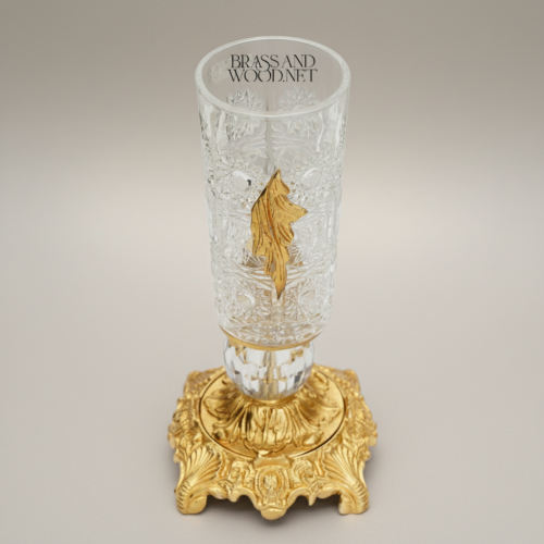 Rococo Hand-Engraved Crystal Vase Ornate Brass Base Acanthus Leaf Appliqué Brass and Wood Gold Front | Brass & Wood