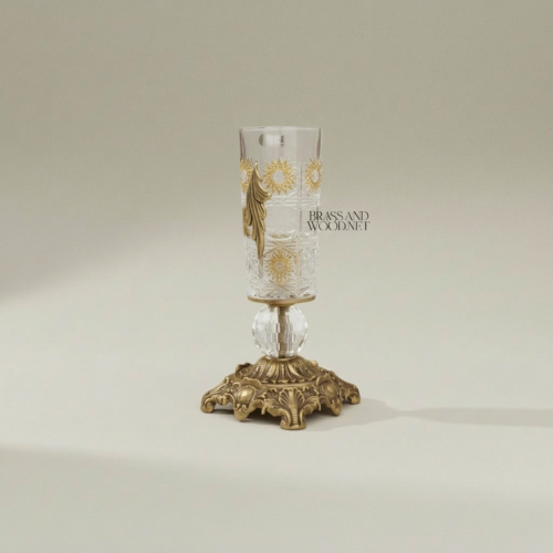 Rococo Hand-Engraved Crystal Vase Ornate Brass Base Acanthus Leaf Appliqué Brass and Wood Antique Gold Front | Brass & Wood