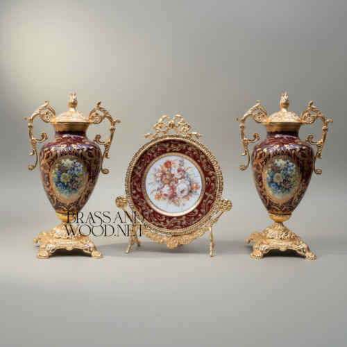Rococo Hand-Painted Wine Ceramic and Brass Three-Piece Garniture Set with Oval Plate Stand Floral Motif Gold Front | Brass & Wood