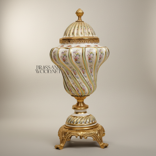 Rococo Hand-Painted Ceramic Lidded Urn Floral Bouquets Twisted Ribs Brass Mounts Brass and Wood Gold Front | Brass & Wood