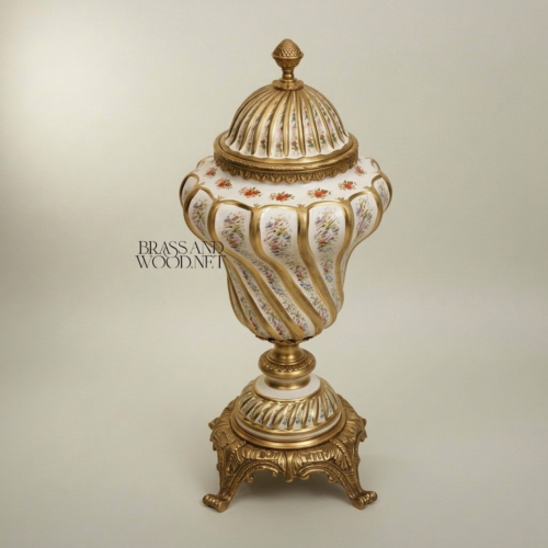 Rococo Hand-Painted Ceramic Lidded Urn Floral Bouquets Twisted Ribs Brass Mounts Brass and Wood Antique Gold Front | Brass & Wood