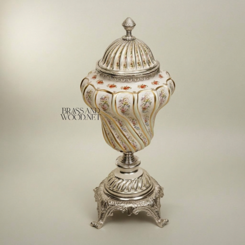 Rococo Hand-Painted Ceramic Lidded Urn Floral Bouquets Twisted Ribs Brass Mounts Brass and Wood Silver Front | Brass & Wood