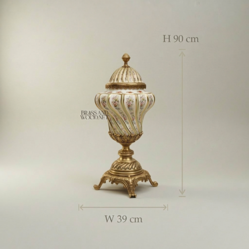 Rococo Hand-Painted Ceramic Lidded Urn Floral Bouquets Twisted Ribs Brass Mounts Brass and Wood Antique Gold Front | Brass & Wood