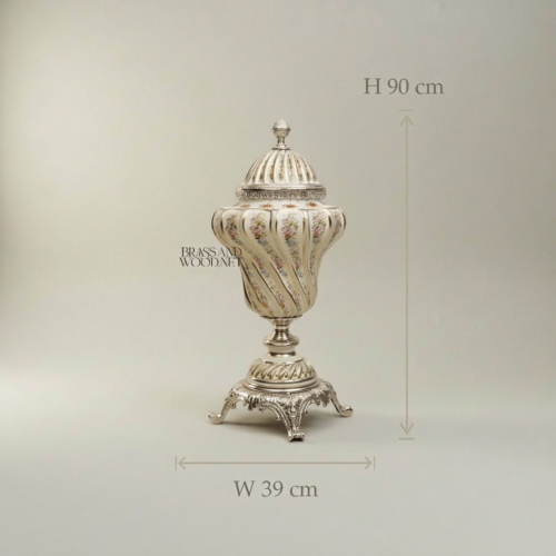 Rococo Hand-Painted Ceramic Lidded Urn Floral Bouquets Twisted Ribs Brass Mounts Brass and Wood Silver Front | Brass & Wood