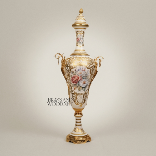 Rococo Hand-Painted Ceramic Lidded Urn Vase with Brass Filigree Mounts and Floral Bouquet - Brass & Wood Antique Gold Front | Brass & Wood