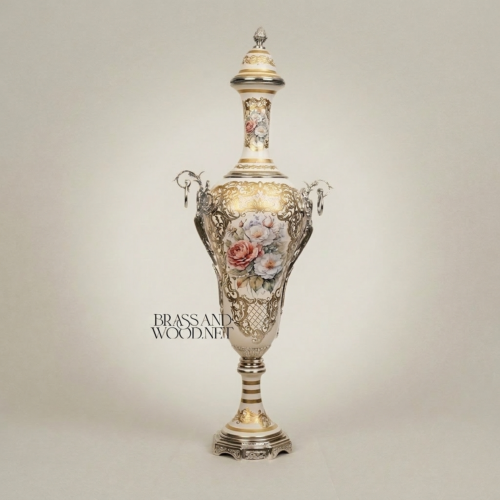 Rococo Hand-Painted Ceramic Lidded Urn Vase with Brass Filigree Mounts and Floral Bouquet - Brass & Wood Silver Front | Brass & Wood