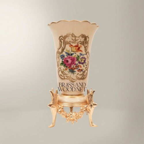 Rococo Hand-Painted Beige Ceramic Trumpet Vase Floral Bouquet Ornate Brass Stand Brass and Wood Gold Front | Brass & Wood