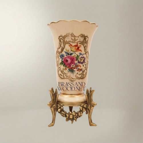 Rococo Hand-Painted Beige Ceramic Trumpet Vase Floral Bouquet Ornate Brass Stand Brass and Wood Antique Gold Front | Brass & Wood
