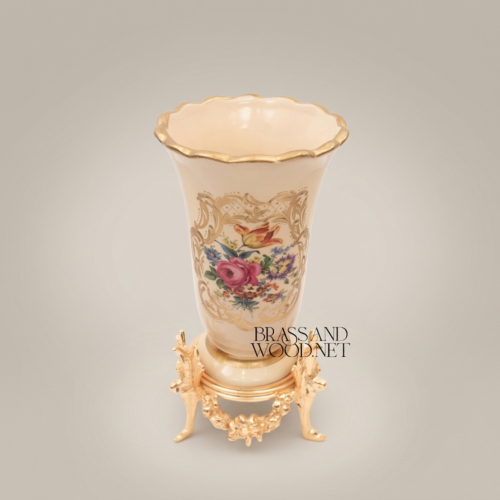 Rococo Hand-Painted Beige Ceramic Trumpet Vase Floral Bouquet Ornate Brass Stand Brass and Wood Gold Front | Brass & Wood