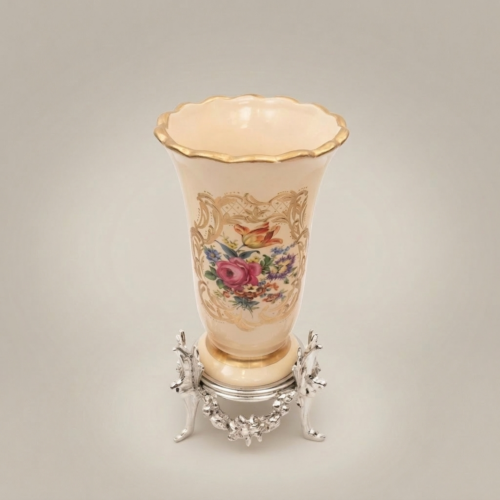 Rococo Hand-Painted Beige Ceramic Trumpet Vase Floral Bouquet Ornate Brass Stand Brass and Wood Silver Front | Brass & Wood