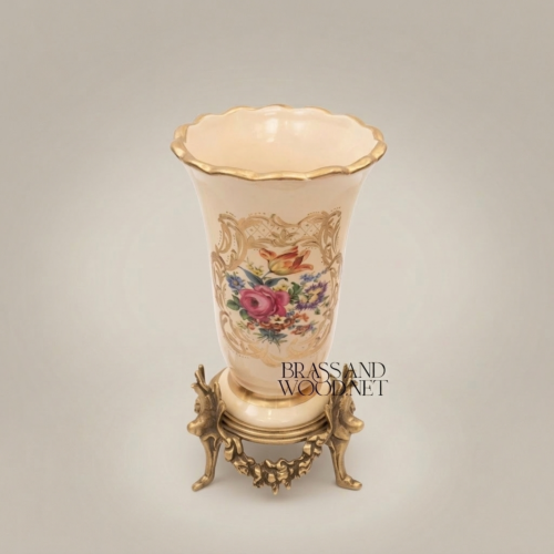Rococo Hand-Painted Beige Ceramic Trumpet Vase Floral Bouquet Ornate Brass Stand Brass and Wood Antique Gold Front | Brass & Wood