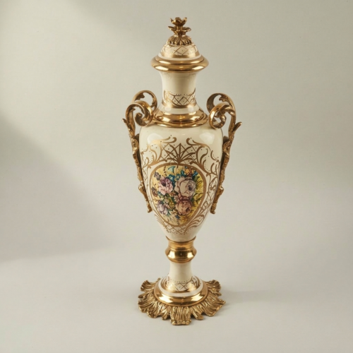 Rococo Hand-Painted Ceramic Urn and Centrepiece 3-Piece Set Floral Medallion Acanthus Brass Mounts Gold Side | Brass & Wood
