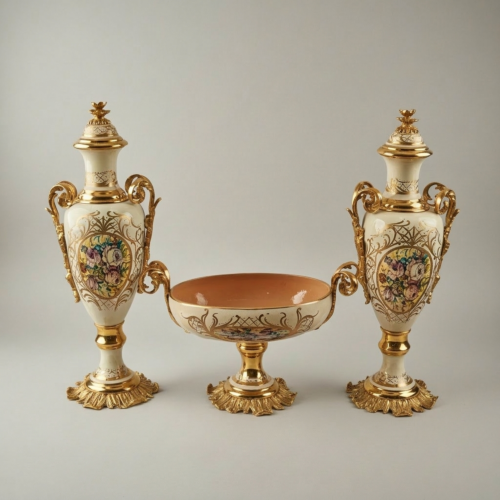 Rococo Hand-Painted Ceramic Urn and Centrepiece 3-Piece Set Floral Medallion Acanthus Brass Mounts Gold Side | Brass & Wood