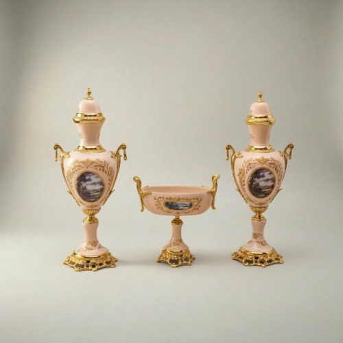 Rococo Hand-Painted Pink Ceramic Vase and Tazza 3-Piece Garniture Set with Brass Mounts and Landscape Medallions Gold Front | Brass & Wood