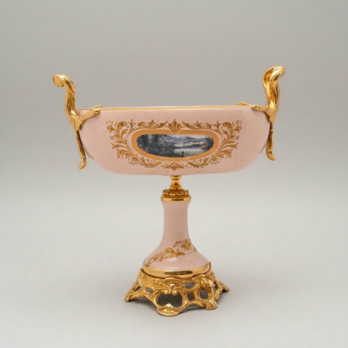 Rococo Hand-Painted Pink Ceramic Vase and Tazza 3-Piece Garniture Set with Brass Mounts and Landscape Medallions Gold Front | Brass & Wood