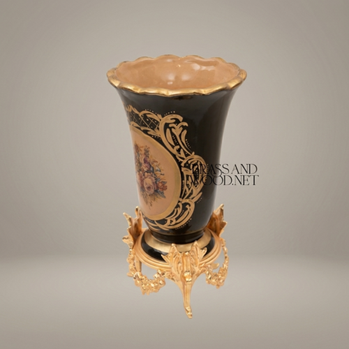 Rococo Hand-Painted Cobalt Ceramic Vase Floral Medallion Ornate Brass Stand Brass and Wood Gold Front | Brass & Wood