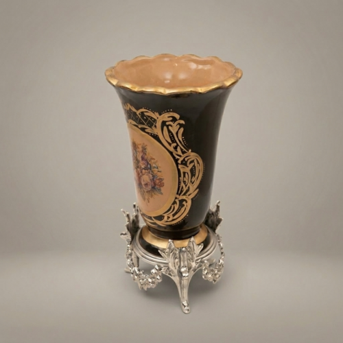 Rococo Hand-Painted Cobalt Ceramic Vase Floral Medallion Ornate Brass Stand Brass and Wood Silver Side | Brass & Wood