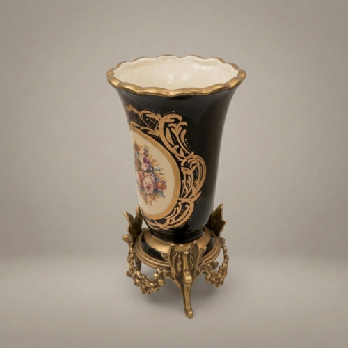 Rococo Hand-Painted Cobalt Ceramic Vase Floral Medallion Ornate Brass Stand Brass and Wood Antique Gold Side | Brass & Wood
