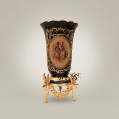 Rococo Hand-Painted Cobalt Ceramic Vase Floral Medallion Ornate Brass Stand Brass and Wood Gold Front | Brass & Wood