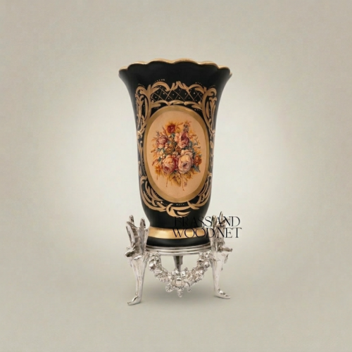 Rococo Hand-Painted Cobalt Ceramic Vase Floral Medallion Ornate Brass Stand Brass and Wood Silver Side | Brass & Wood