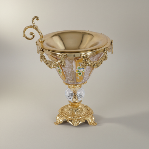 Rococo Hand-Painted Crystal Incense Burner Ornate Brass Pedestal Floral Swag Brass and Wood Gold Front | Brass & Wood