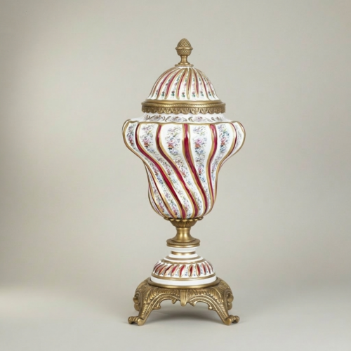Rococo Hand-Painted Porcelain Lidded Urn with Spiral Crimson Floral Decoration and Ornate Brass Base — Brass & Wood Antique Gold Front | Brass & Wood