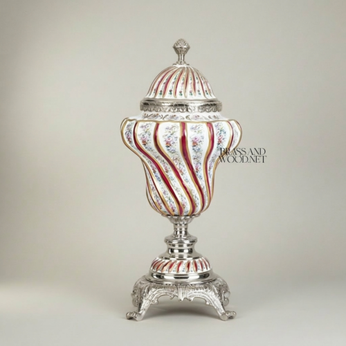Rococo Hand-Painted Porcelain Lidded Urn with Spiral Crimson Floral Decoration and Ornate Brass Base — Brass & Wood Silver Front | Brass & Wood