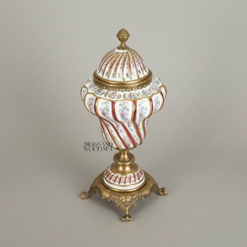 Rococo Hand-Painted Porcelain Lidded Urn with Spiral Crimson Floral Decoration and Ornate Brass Base — Brass & Wood Antique Gold Front | Brass & Wood