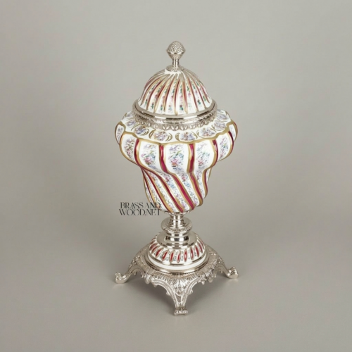 Rococo Hand-Painted Porcelain Lidded Urn with Spiral Crimson Floral Decoration and Ornate Brass Base — Brass & Wood Silver Front | Brass & Wood
