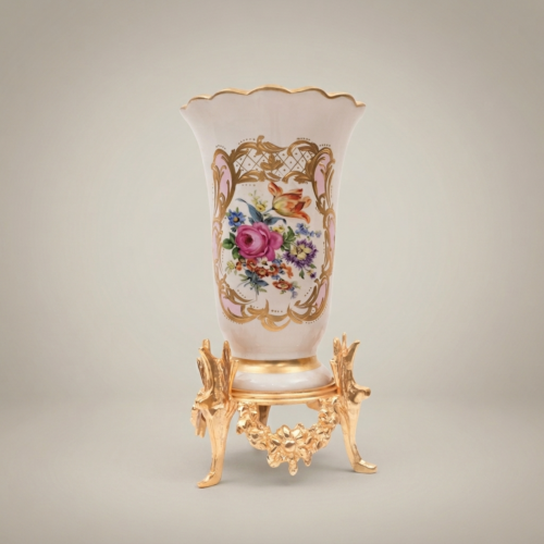 Rococo Hand-Painted Porcelain Trumpet Vase Ornate Brass Four-Leg Stand Floral Bouquet Cartouche Brass and Wood Gold Front | Brass & Wood