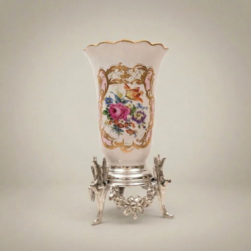 Rococo Hand-Painted Porcelain Trumpet Vase Ornate Brass Four-Leg Stand Floral Bouquet Cartouche Brass and Wood Silver Front | Brass & Wood