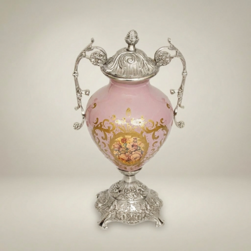 Rococo Lidded Ceramic Urn Vase with Ornate Brass Mounts and Hand-Painted Floral Medallion Pink Silver Front | Brass & Wood