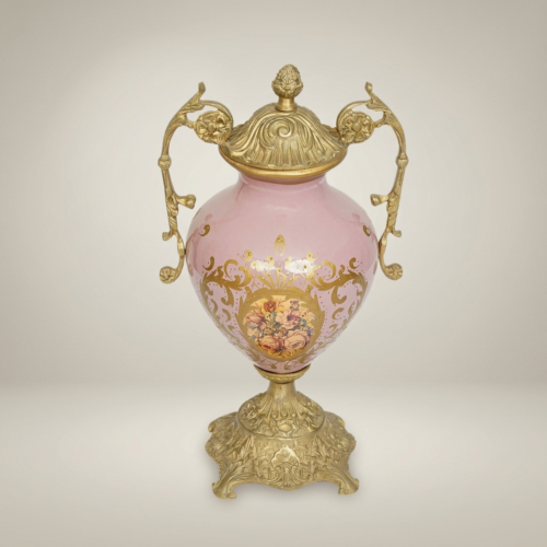 Rococo Lidded Ceramic Urn Vase with Ornate Brass Mounts and Hand-Painted Floral Medallion Pink Antique Gold Front | Brass & Wood