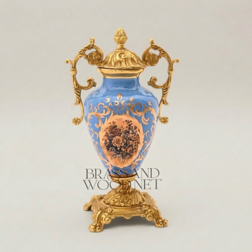 Rococo Blue Ceramic Lidded Urn Vase with Gilt Brass Scrollwork Handles and Hand-Painted Floral Cartouche Gold Front | Brass & Wood