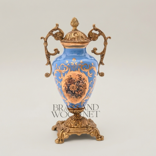 Rococo Blue Ceramic Lidded Urn Vase with Gilt Brass Scrollwork Handles and Hand-Painted Floral Cartouche Antique Gold Front | Brass & Wood