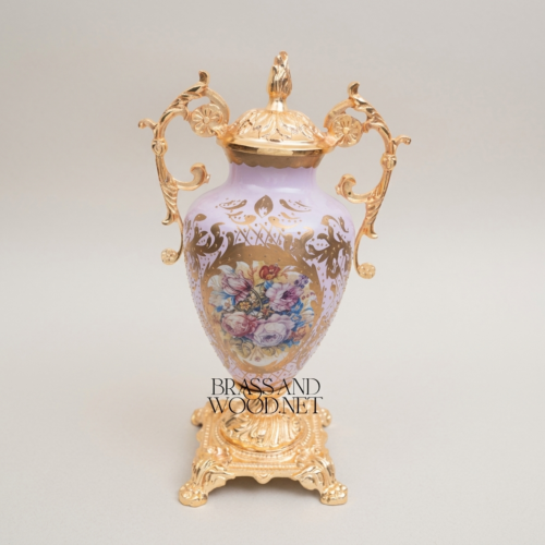 Rococo Lidded Ceramic Urn Vase Hand-Painted Floral Medallion Scrolled Brass Handles Ornate Base Brass and Wood Gold Front | Brass & Wood