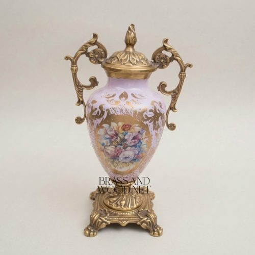 Rococo Lidded Ceramic Urn Vase Hand-Painted Floral Medallion Scrolled Brass Handles Ornate Base Brass and Wood Antique Gold Side | Brass & Wood