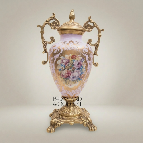Rococo Lidded Ceramic Urn Vase Hand-Painted Floral Medallion Scrolled Brass Handles Ornate Base Brass and Wood Antique Gold Side | Brass & Wood