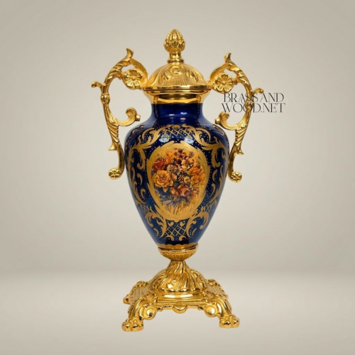 Rococo Lidded Urn Vase Navy Blue Ceramic Ornate Brass Mounts Floral Medallion Brass and Wood Gold Front | Brass & Wood