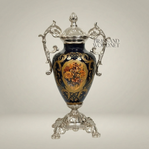 Rococo Lidded Urn Vase Navy Blue Ceramic Ornate Brass Mounts Floral Medallion Brass and Wood Silver Front | Brass & Wood