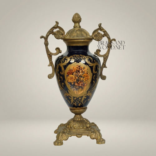 Rococo Lidded Urn Vase Navy Blue Ceramic Ornate Brass Mounts Floral Medallion Brass and Wood Antique Gold Front | Brass & Wood