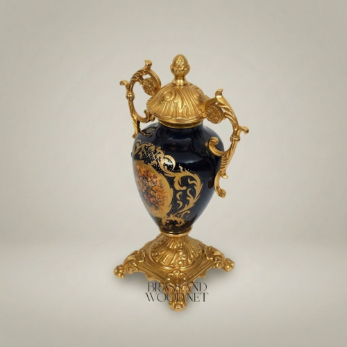 Rococo Lidded Urn Vase Navy Blue Ceramic Ornate Brass Mounts Floral Medallion Brass and Wood Gold Front | Brass & Wood