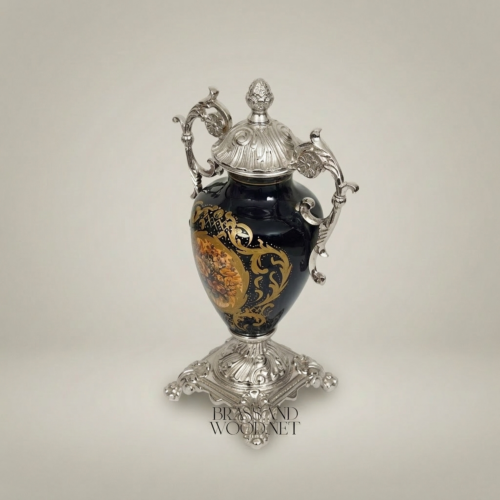 Rococo Lidded Urn Vase Navy Blue Ceramic Ornate Brass Mounts Floral Medallion Brass and Wood Silver Front | Brass & Wood