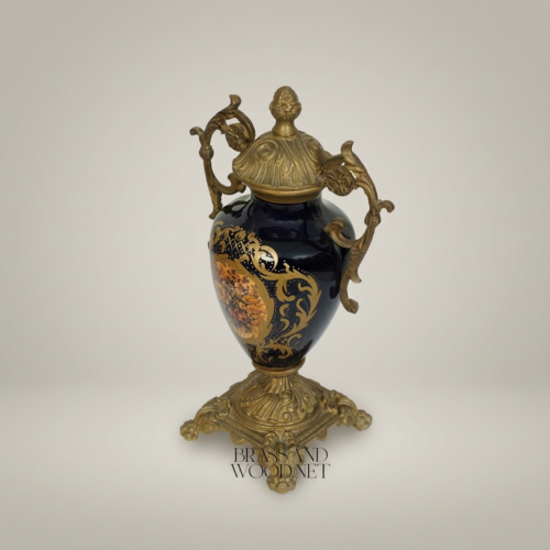Rococo Lidded Urn Vase Navy Blue Ceramic Ornate Brass Mounts Floral Medallion Brass and Wood Antique Gold Front | Brass & Wood