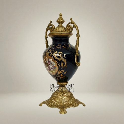 Rococo Lidded Ceramic Urn Vase Navy Blue Arabesque Scrollwork Hand-Painted Floral Medallion Brass Mounts Brass and Wood Antique Gold Front | Brass & Wood