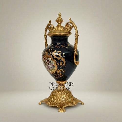 Rococo Lidded Ceramic Urn Vase Navy Blue Arabesque Scrollwork Hand-Painted Floral Medallion Brass Mounts Brass and Wood Gold Front | Brass & Wood