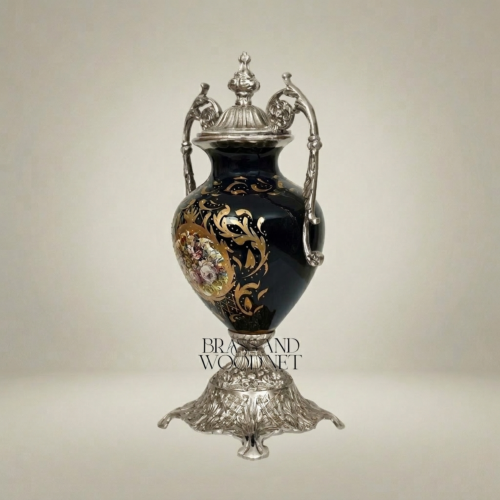 Rococo Lidded Ceramic Urn Vase Navy Blue Arabesque Scrollwork Hand-Painted Floral Medallion Brass Mounts Brass and Wood Silver Front | Brass & Wood