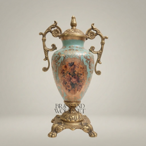 Rococo Lidded Urn Vase Turquoise Ceramic Scrolled Brass Handles Floral Medallion Brass and Wood Antique Gold Front | Brass & Wood