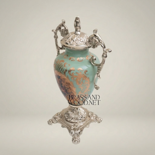 Rococo Lidded Urn Vase Turquoise Ceramic Scrolled Brass Handles Floral Medallion Brass and Wood Silver Front | Brass & Wood