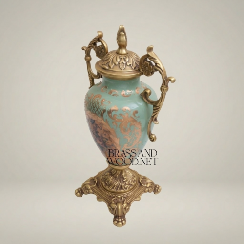 Rococo Lidded Urn Vase Turquoise Ceramic Scrolled Brass Handles Floral Medallion Brass and Wood Antique Gold Front | Brass & Wood